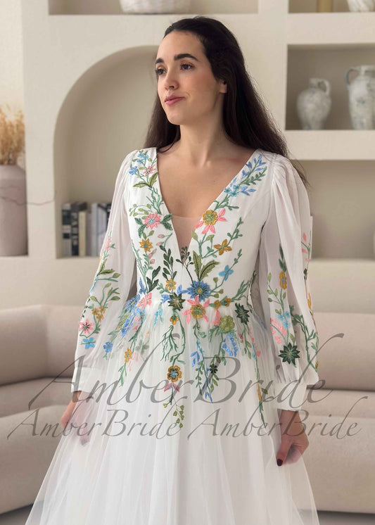 Romantic Colorful Floral Embroidered A-Line Tulle Wedding Dress