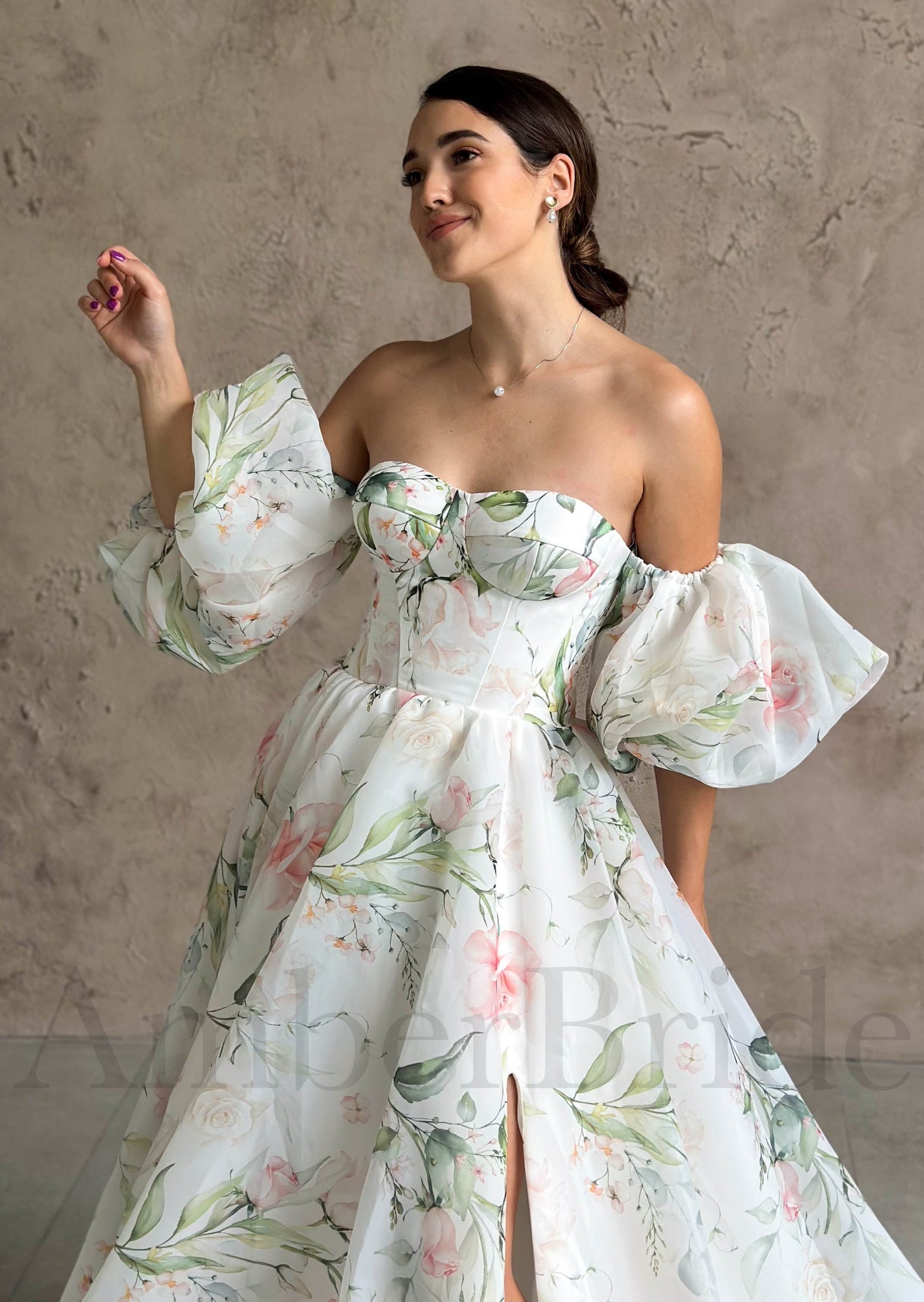 A-Line Organza Wedding Dress with Floral Paintings and Off-Shoulder Design