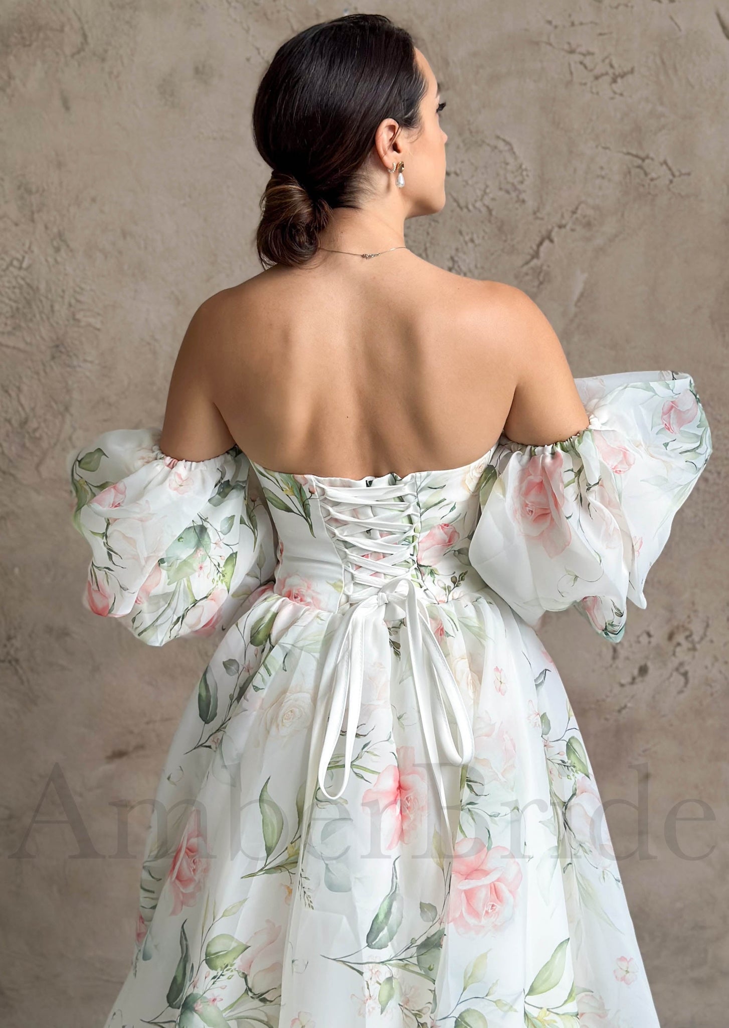 A-Line Organza Wedding Dress with Floral Paintings and Off-Shoulder Design