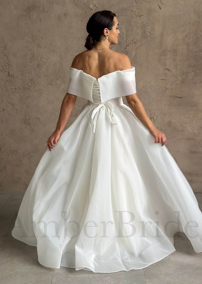 Simple A Line Off The Shoulder Organza Wedding Dress with Corset