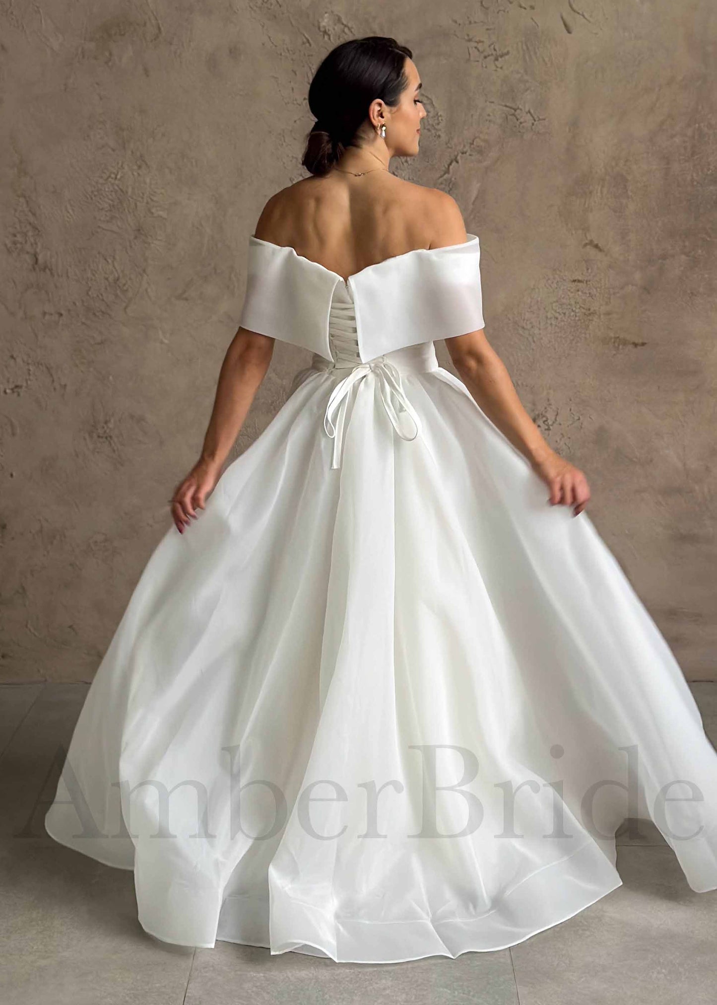 Simple A Line Off The Shoulder Organza Wedding Dress with Corset