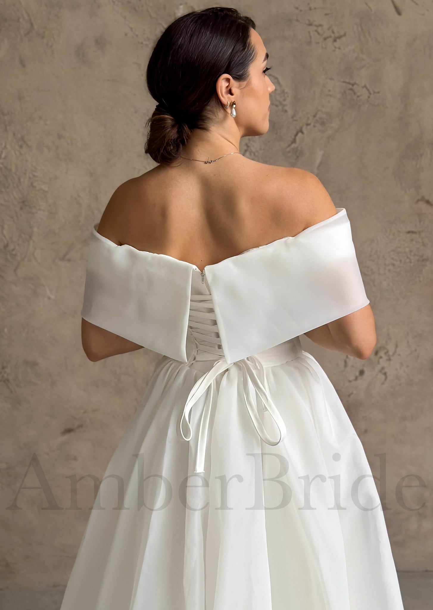 Simple A Line Off The Shoulder Organza Wedding Dress with Corset