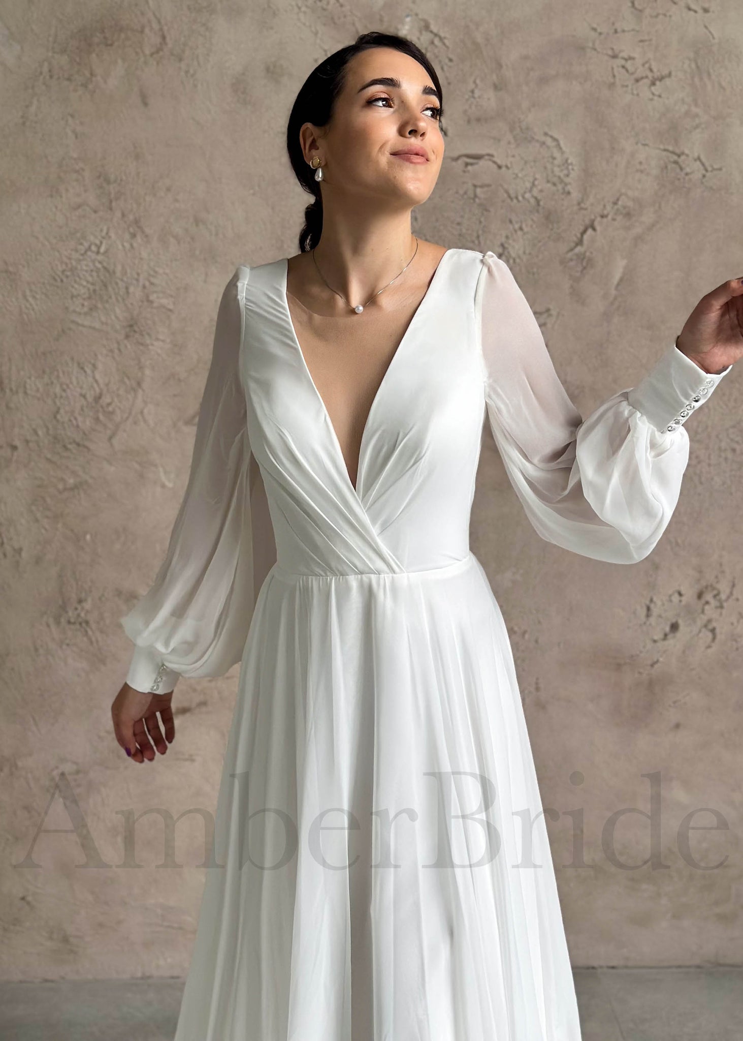 Classy A Line Wedding Dress with Deep V Neckline and Long Sleeves