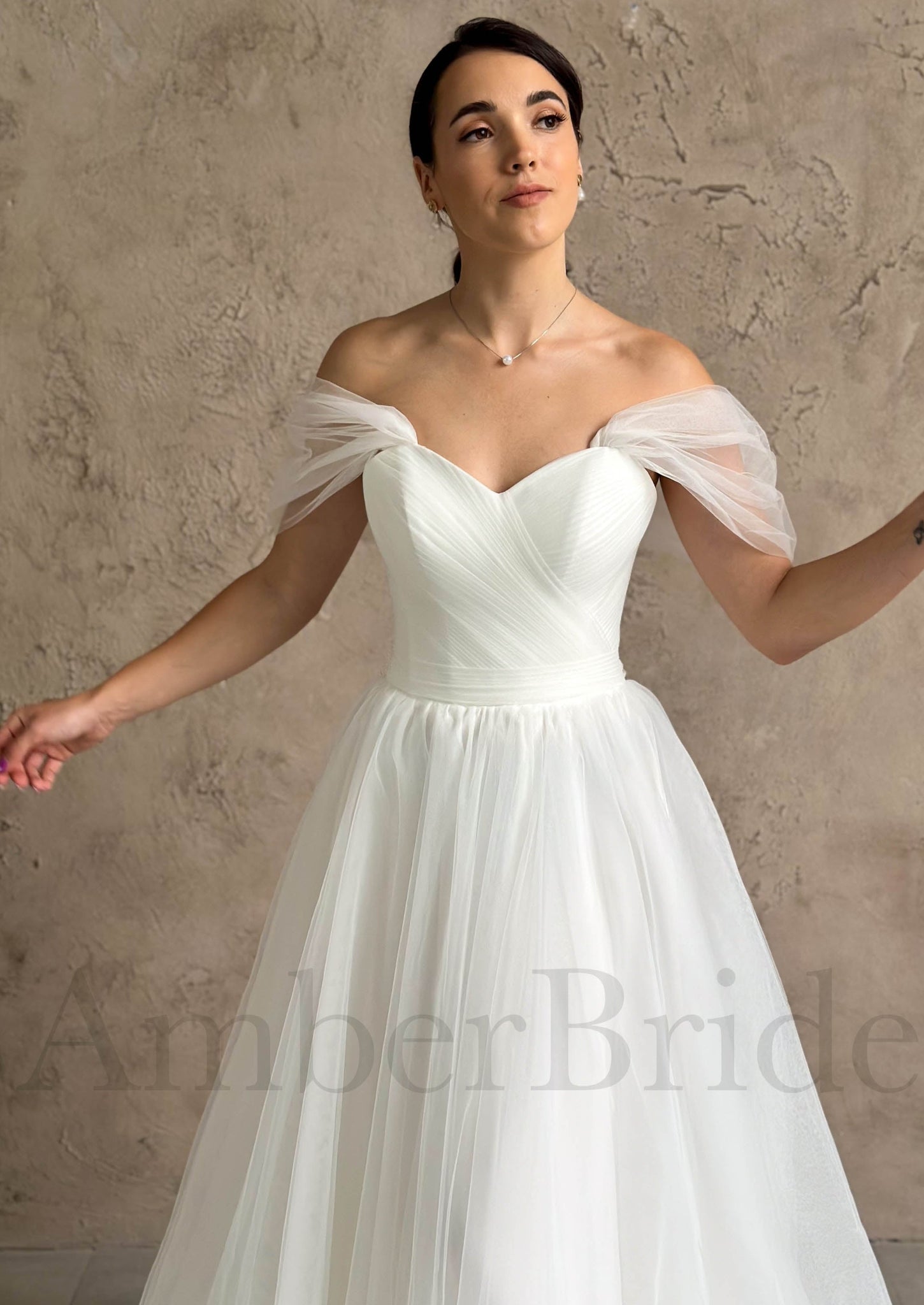 Simple A Line Pleated Tulle Wedding Dress with Off Shoulder Design