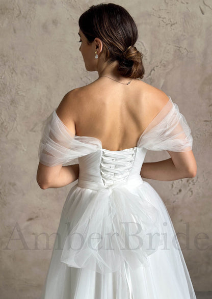 Simple A Line Pleated Tulle Wedding Dress with Off Shoulder Design