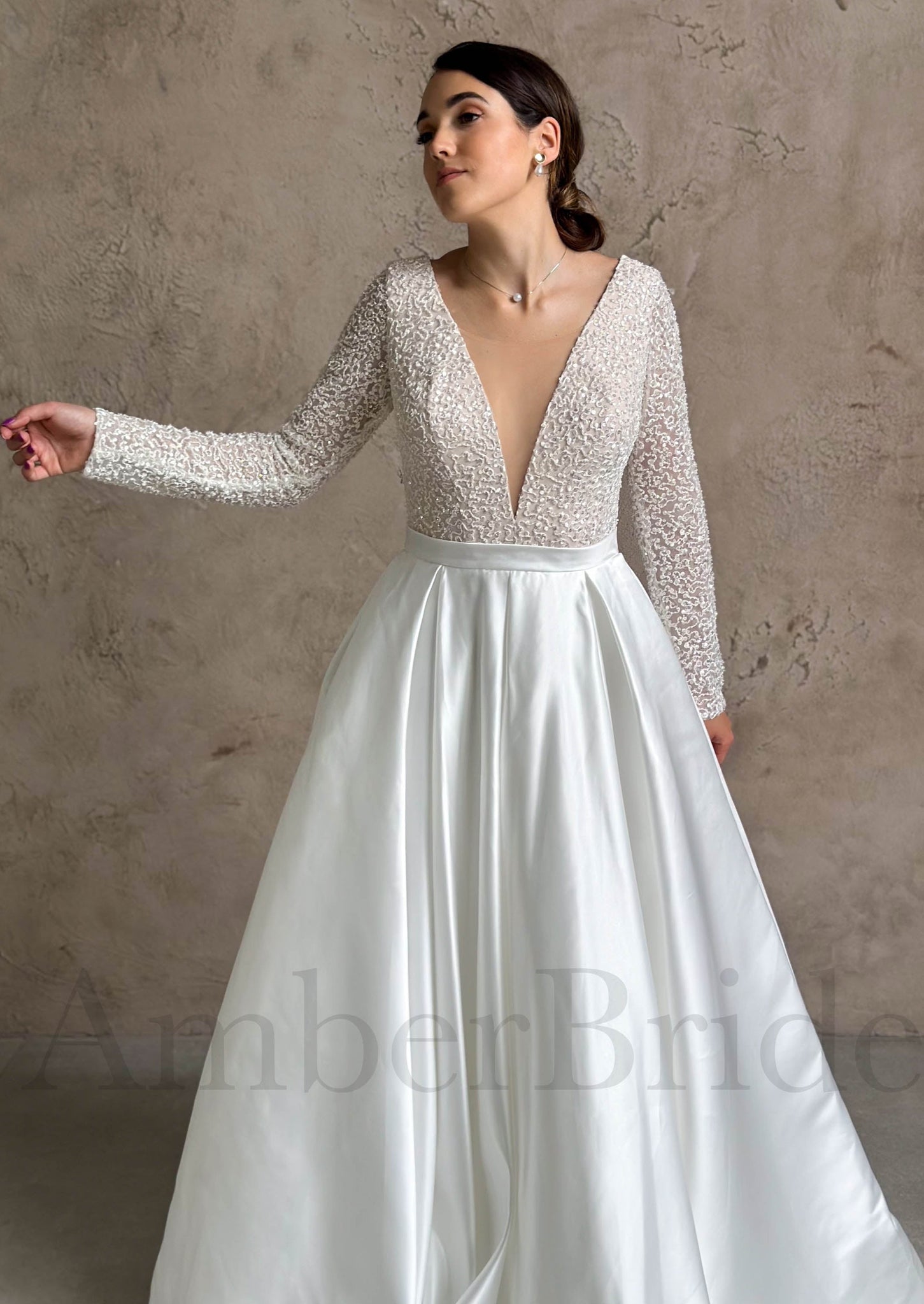 Exclusive A-Line Wedding Dress with Long Sleeve, Deep V-Neck and V-Back