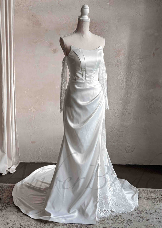 Strapless Satin Mermaid Wedding Dress with Lace Details – front view, on dress form | AmberBride