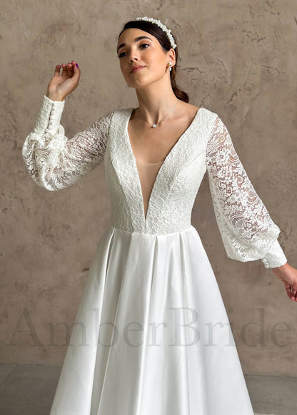 Boho A-Line Satin Wedding Dress with Deep V Neck and Long Puffy Lace Sleeves