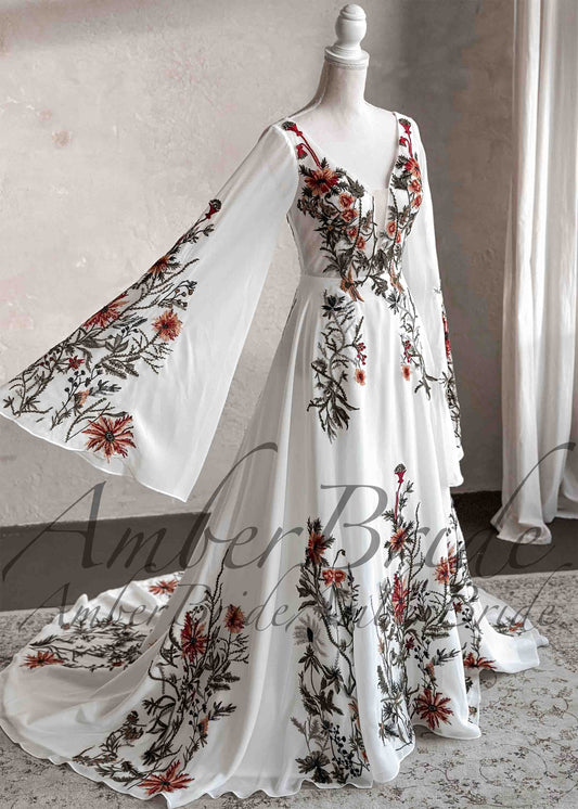 Embroidered Floral Details with Cape Sleeves and Chiffon Skirt