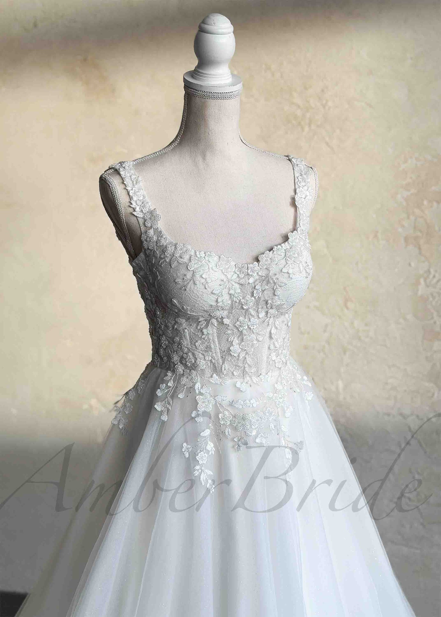 Rustic Wedding Dress with Floral Appliques with Glittering Tulle Skirt