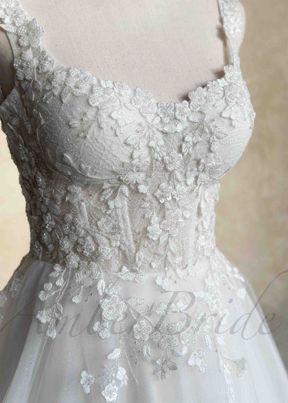 Rustic Wedding Dress with Floral Appliques with Glittering Tulle Skirt