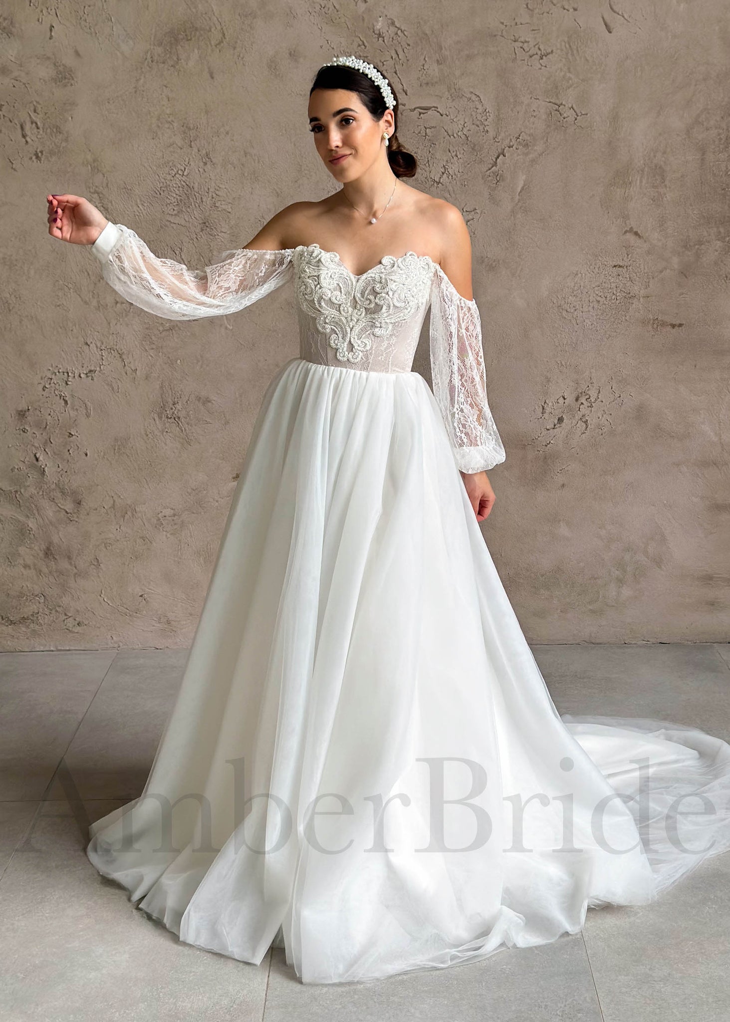 T242011_Charming Boho Tulle A-line Gown with V-Neckline and Billowy Bishop  Sleeves