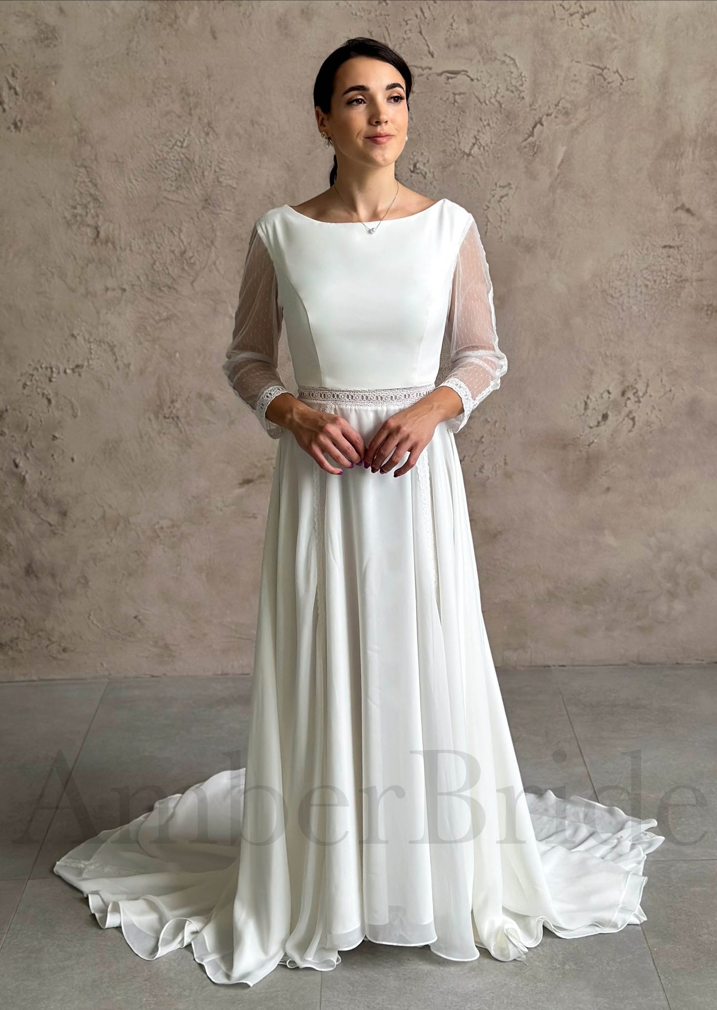 Simple A Line Chiffon Wedding Dress with Long Sleeve and Boho Elements