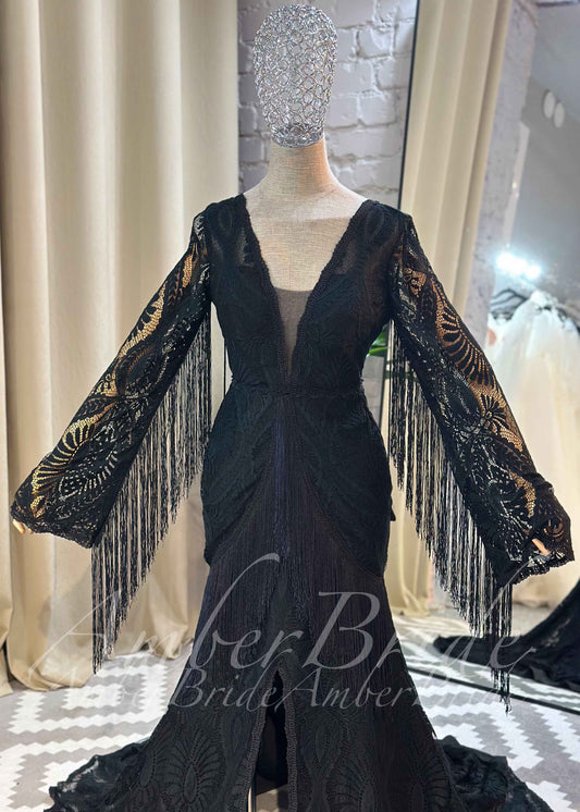 Bohemian Black Lace Wedding Dress with Fringe Sleeves