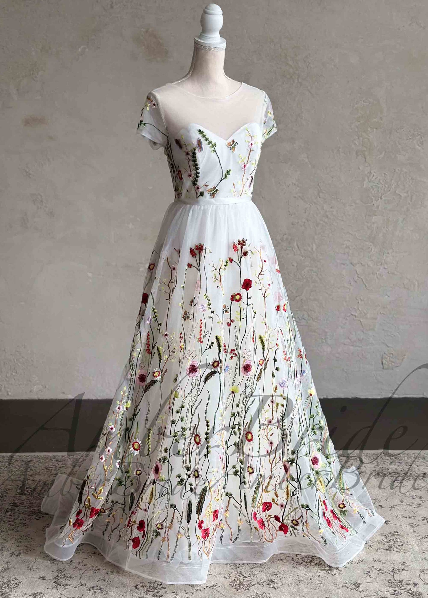 Romantic A-Line Wedding Dress with Colorful Embroidered Flowers