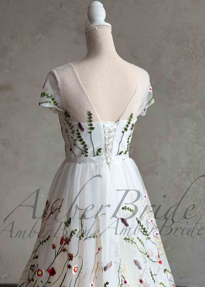 Romantic A-Line Wedding Dress with Colorful Embroidered Flowers