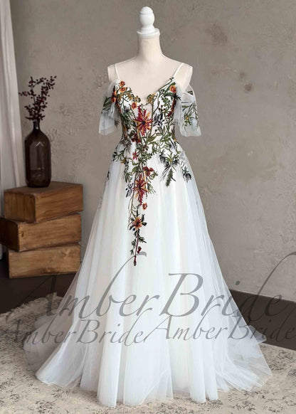 Romantic Wedding Dress with Colorful Embroidered Flowers and Flutter Sleeve