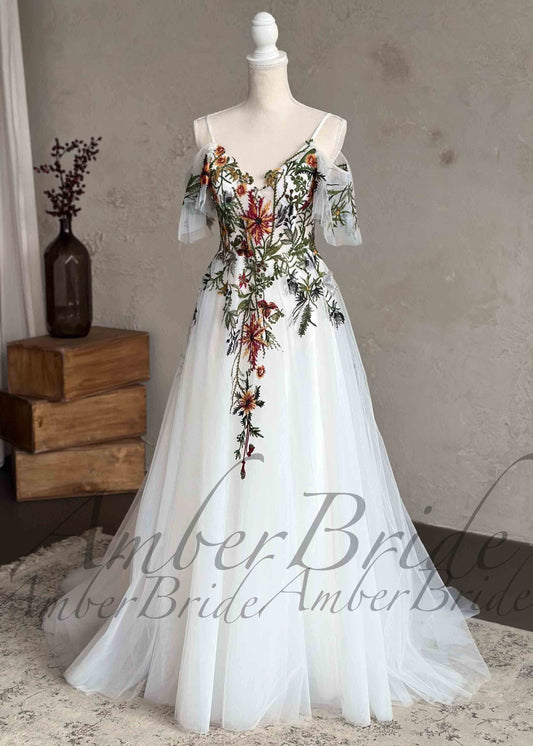 Romantic Wedding Dress with Colorful Embroidered Flowers and Flutter Sleeve