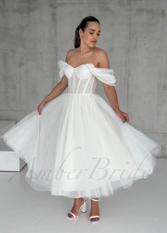 Short Glittery Tulle Off Shoulder Dress with Lace-Up Closure