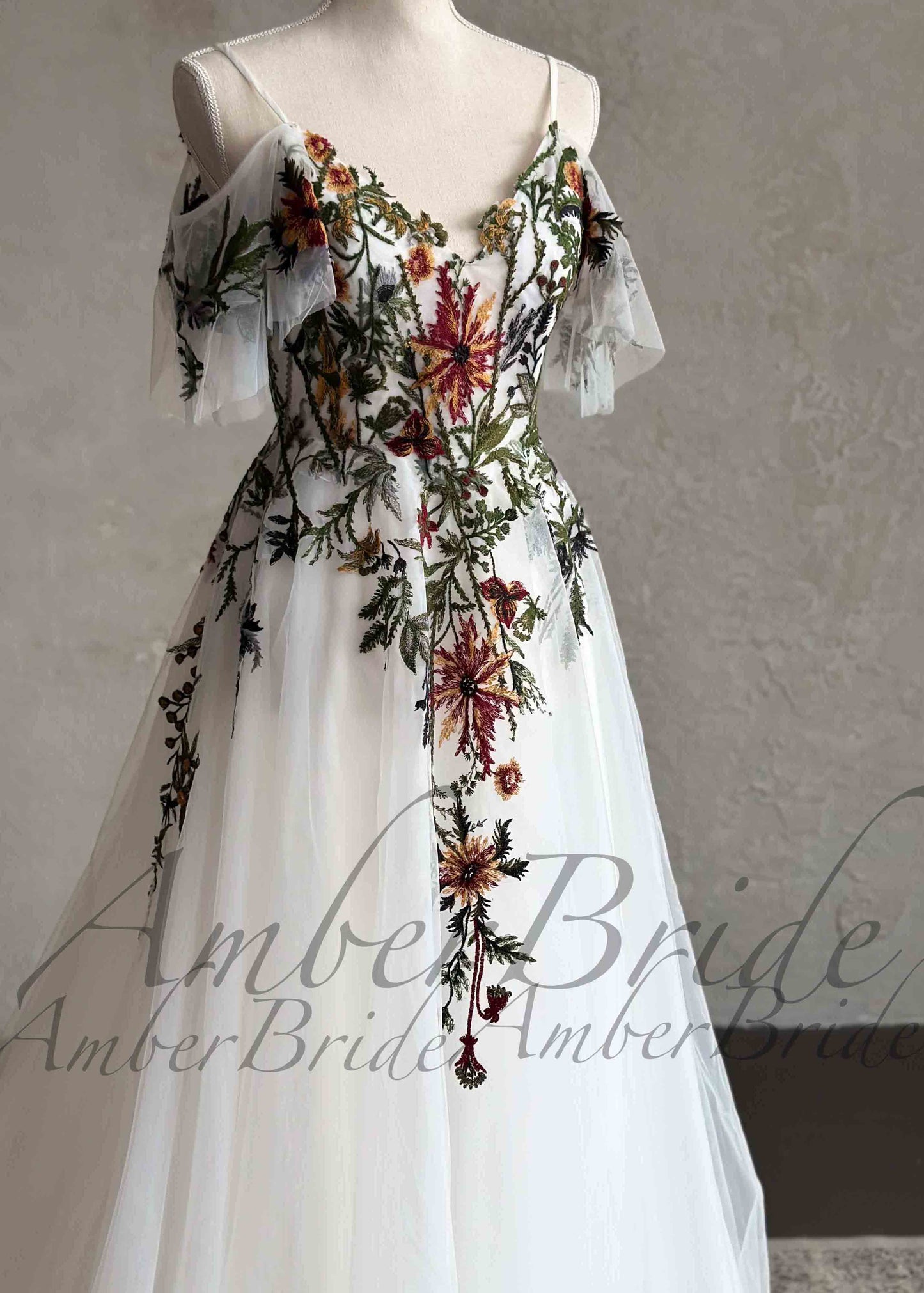 Romantic Wedding Dress with Colorful Embroidered Flowers and Flutter Sleeve