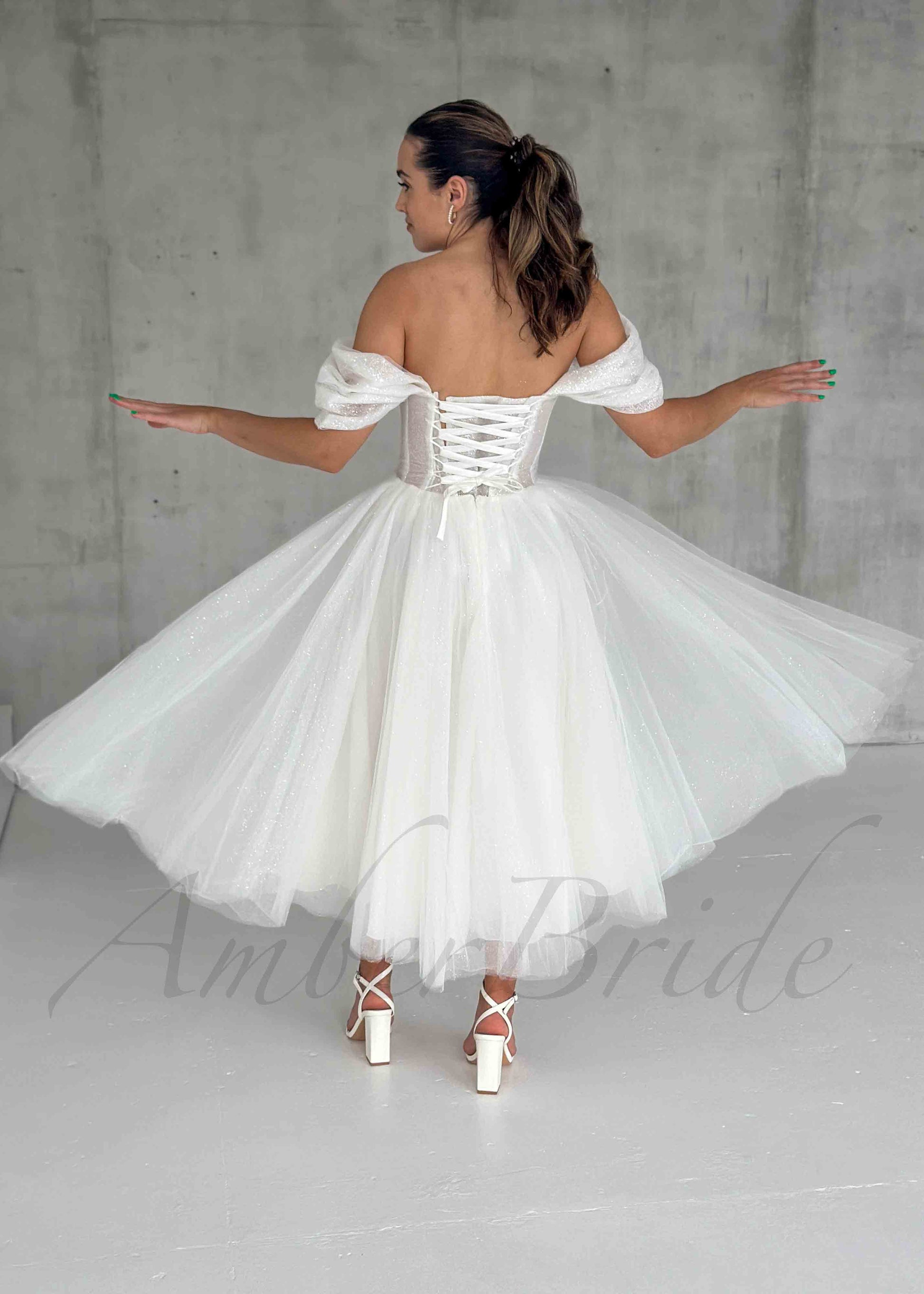 Short Glittery Tulle Off-Shoulder Wedding Dress | AmberBride Short Glittery Tulle Off-Shoulder Wedding Dress | AmberBride