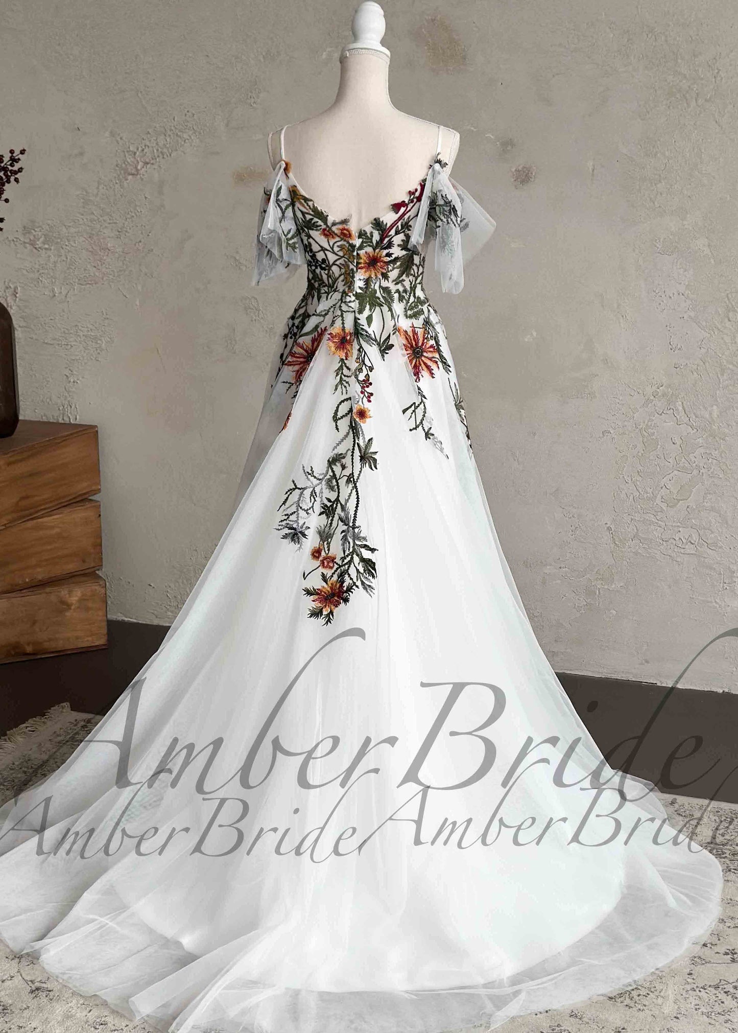 Romantic Wedding Dress with Colorful Embroidered Flowers and Flutter Sleeve