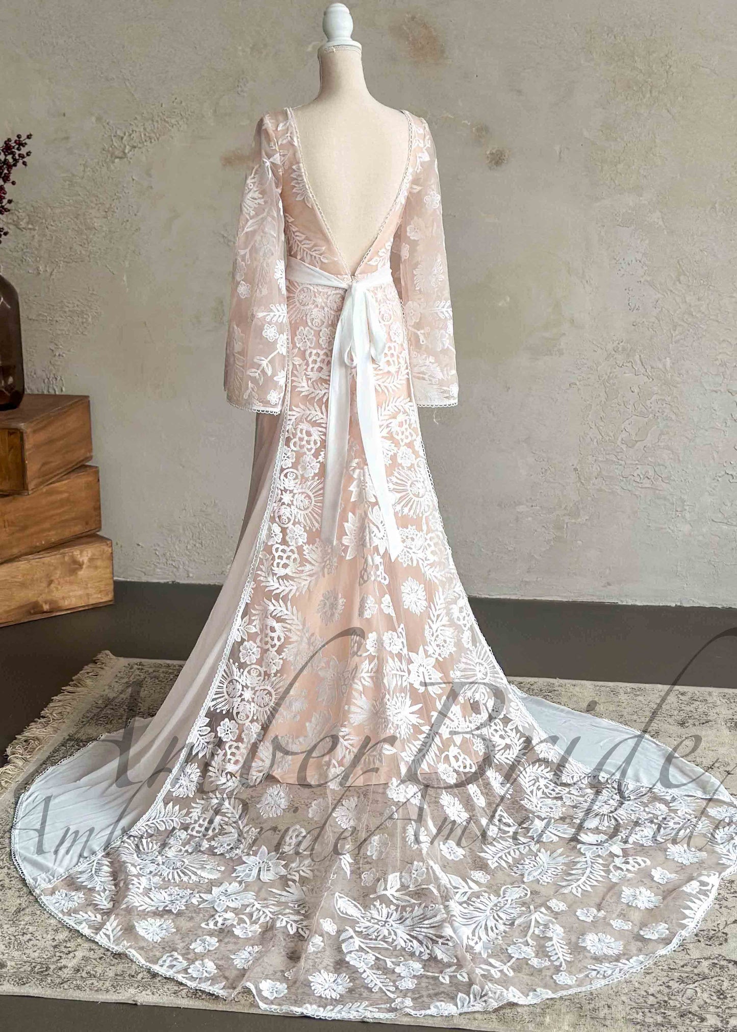 Boho Wedding Dress with Embroidered Flowers and Cape Sleeves