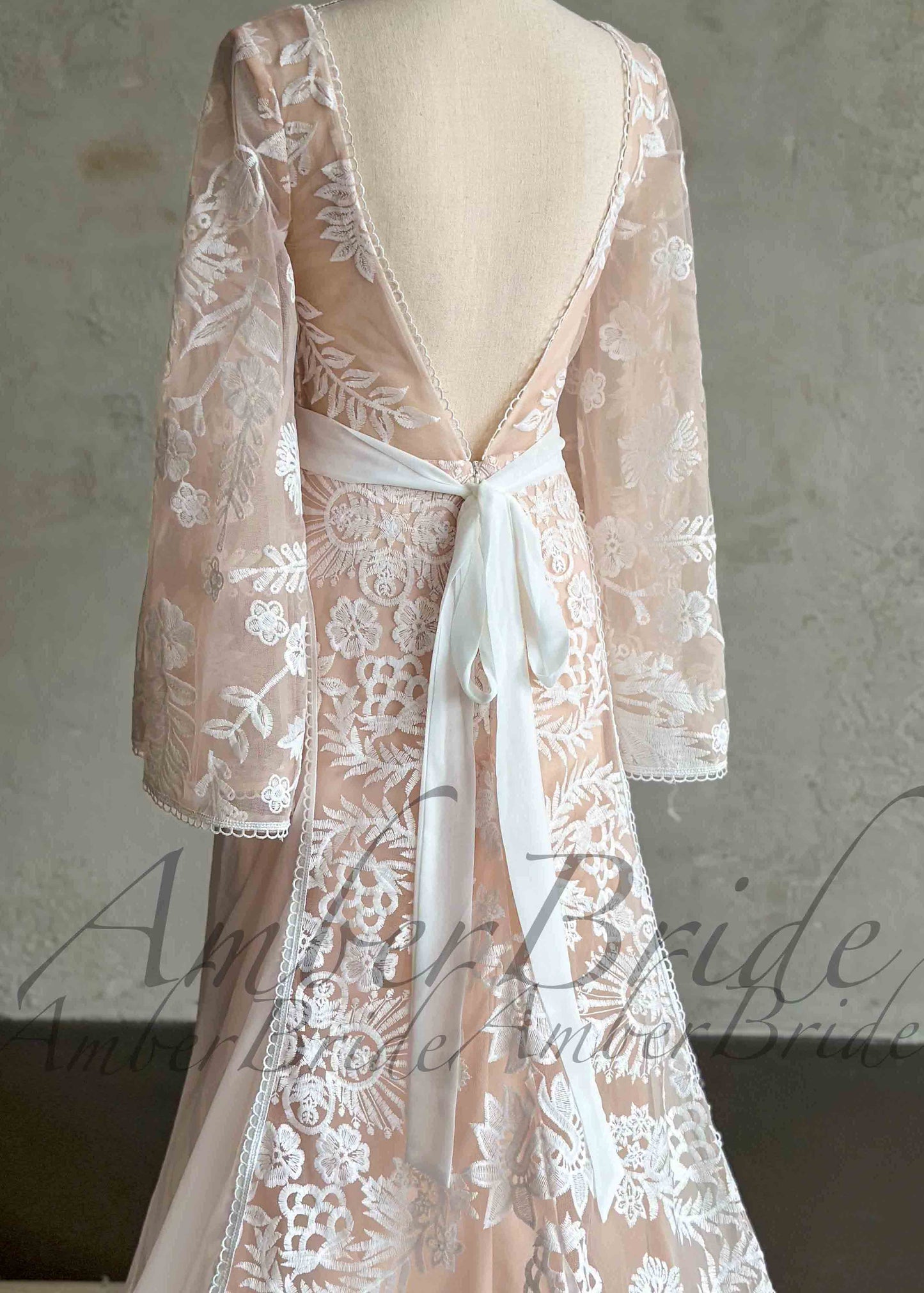 Boho Wedding Dress with Embroidered Flowers and Cape Sleeves