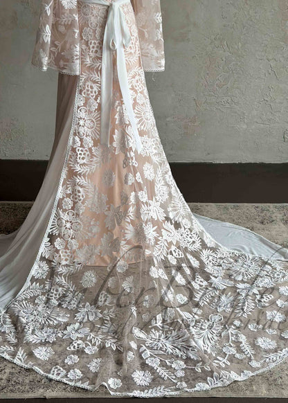 Boho Wedding Dress with Embroidered Flowers and Cape Sleeves