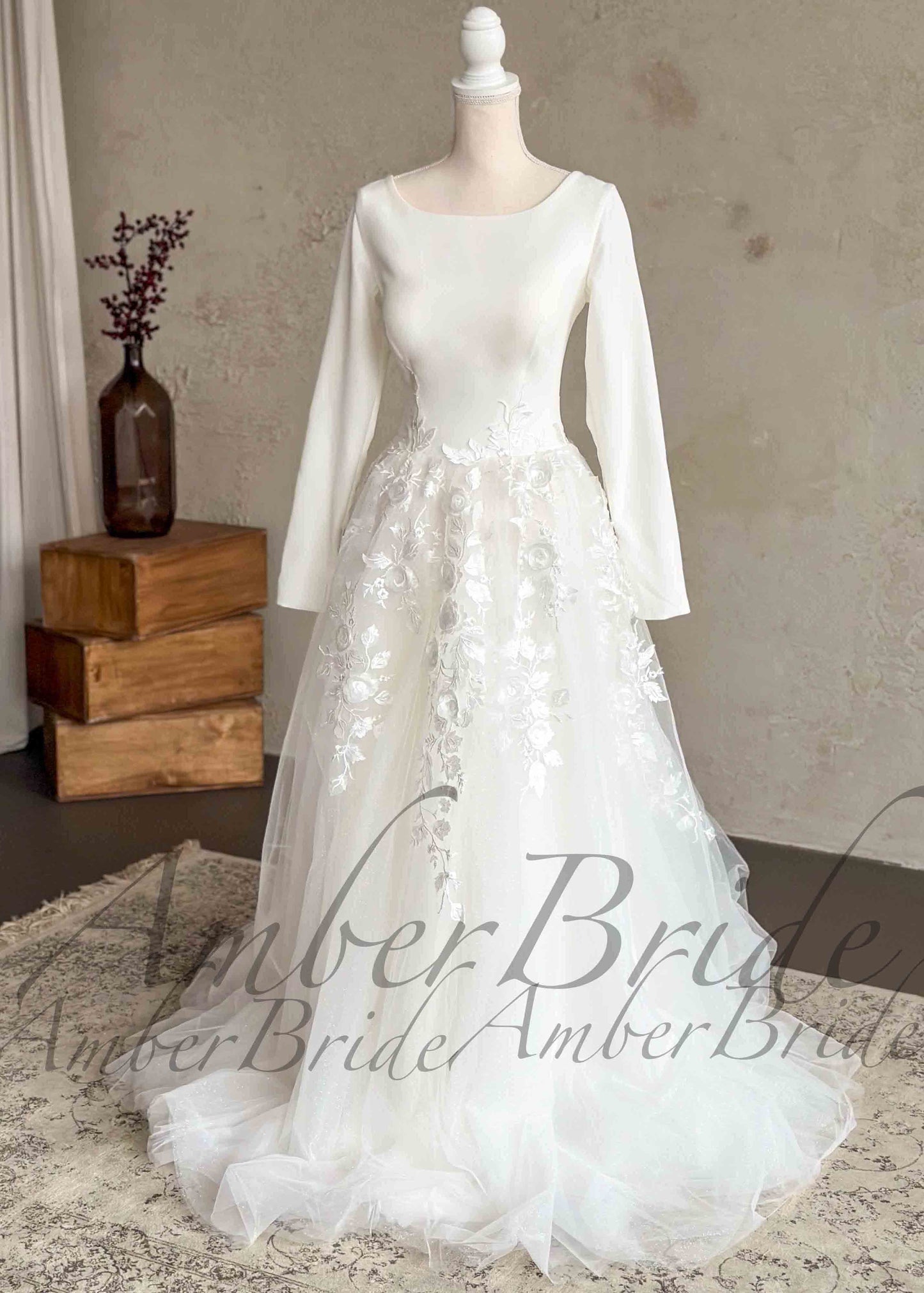 STOCK SELL-OUT: Simple A-Line Wedding Dress with Floral Appliques and Crepe Top