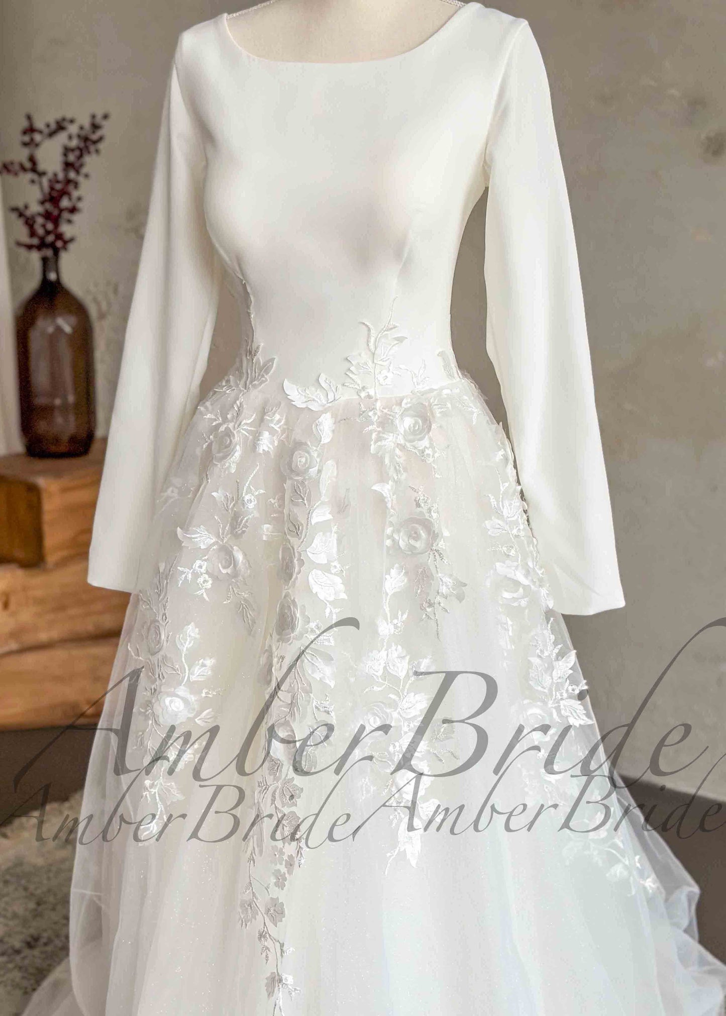 STOCK SELL-OUT: Simple A-Line Wedding Dress with Floral Appliques and Crepe Top