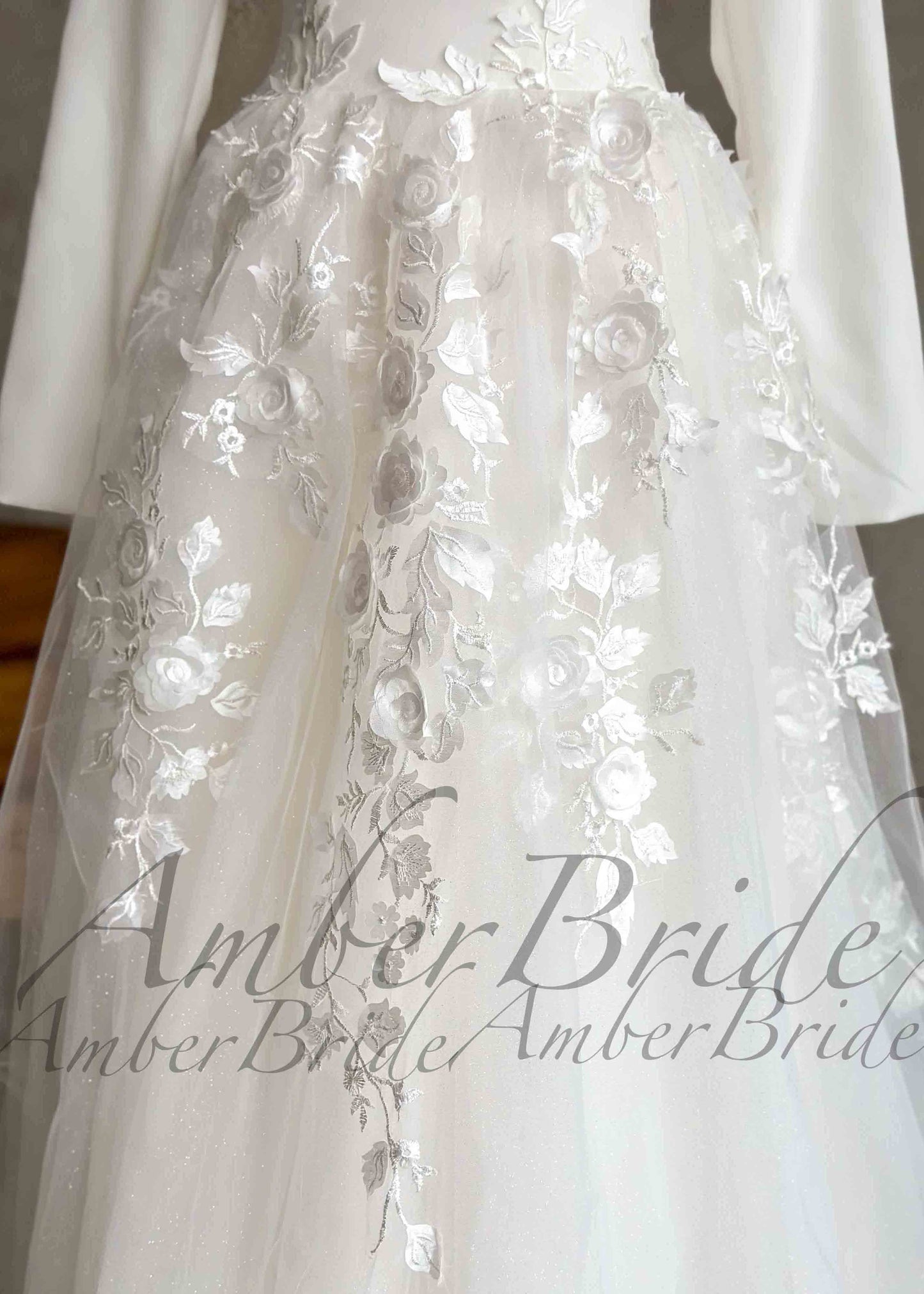 STOCK SELL-OUT: Simple A-Line Wedding Dress with Floral Appliques and Crepe Top