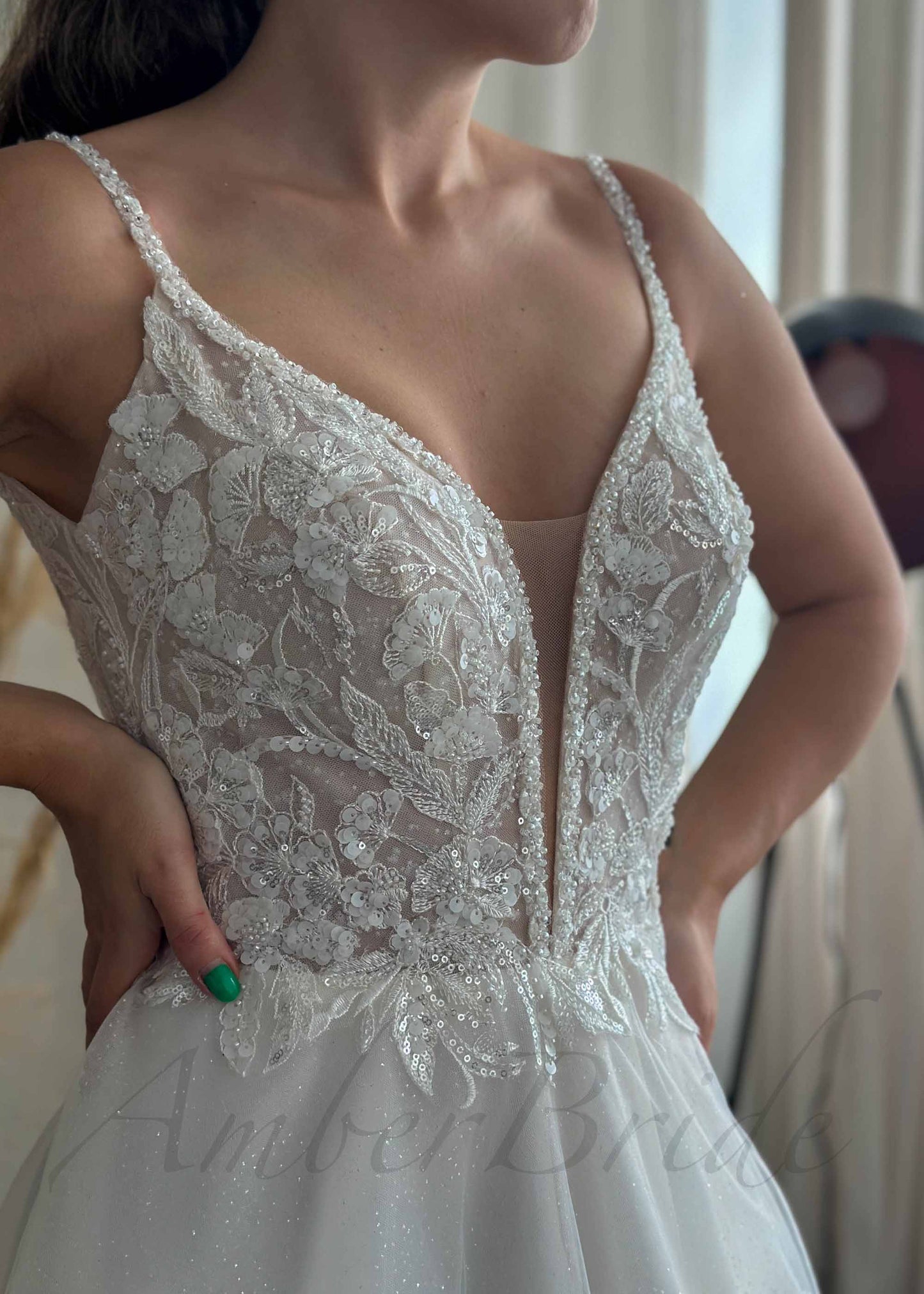 Rustic A Line Glitter Tulle Wedding Dress with Deep V Neck and Backless Design