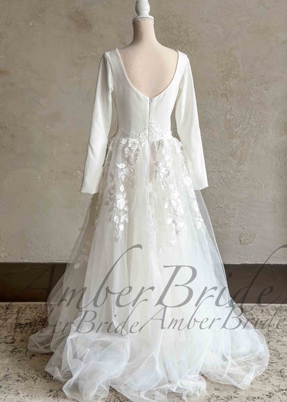 Simple A-Line Wedding Dress with Floral Appliques and Crepe Top