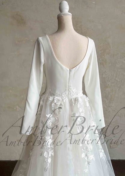 Simple A-Line Wedding Dress with Floral Appliques and Crepe Top