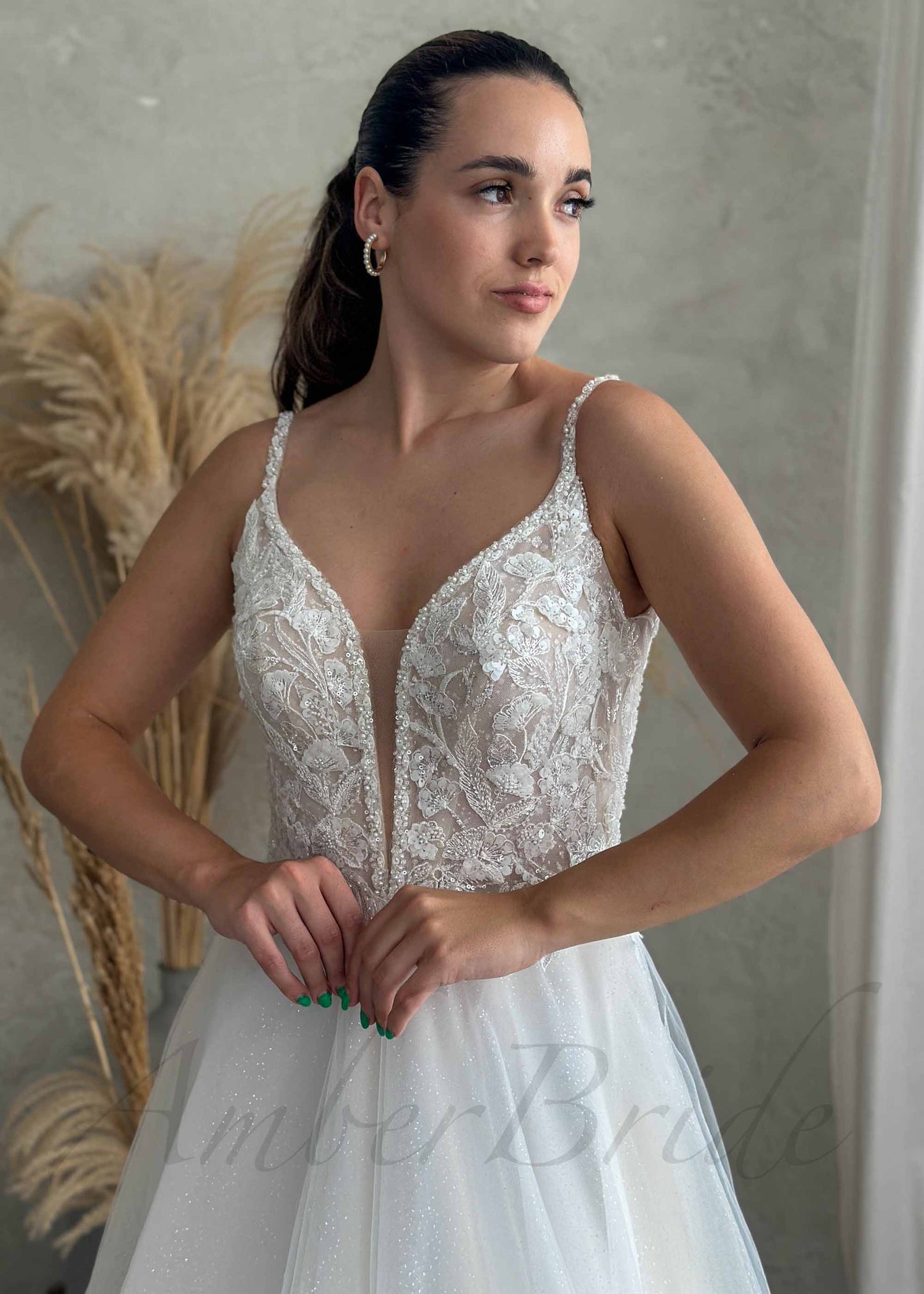 Rustic A Line Glitter Tulle Wedding Dress with Deep V Neck and Backless Design