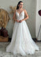 Rustic A Line Glitter Tulle Wedding Dress with Deep V Neck and Backless Design