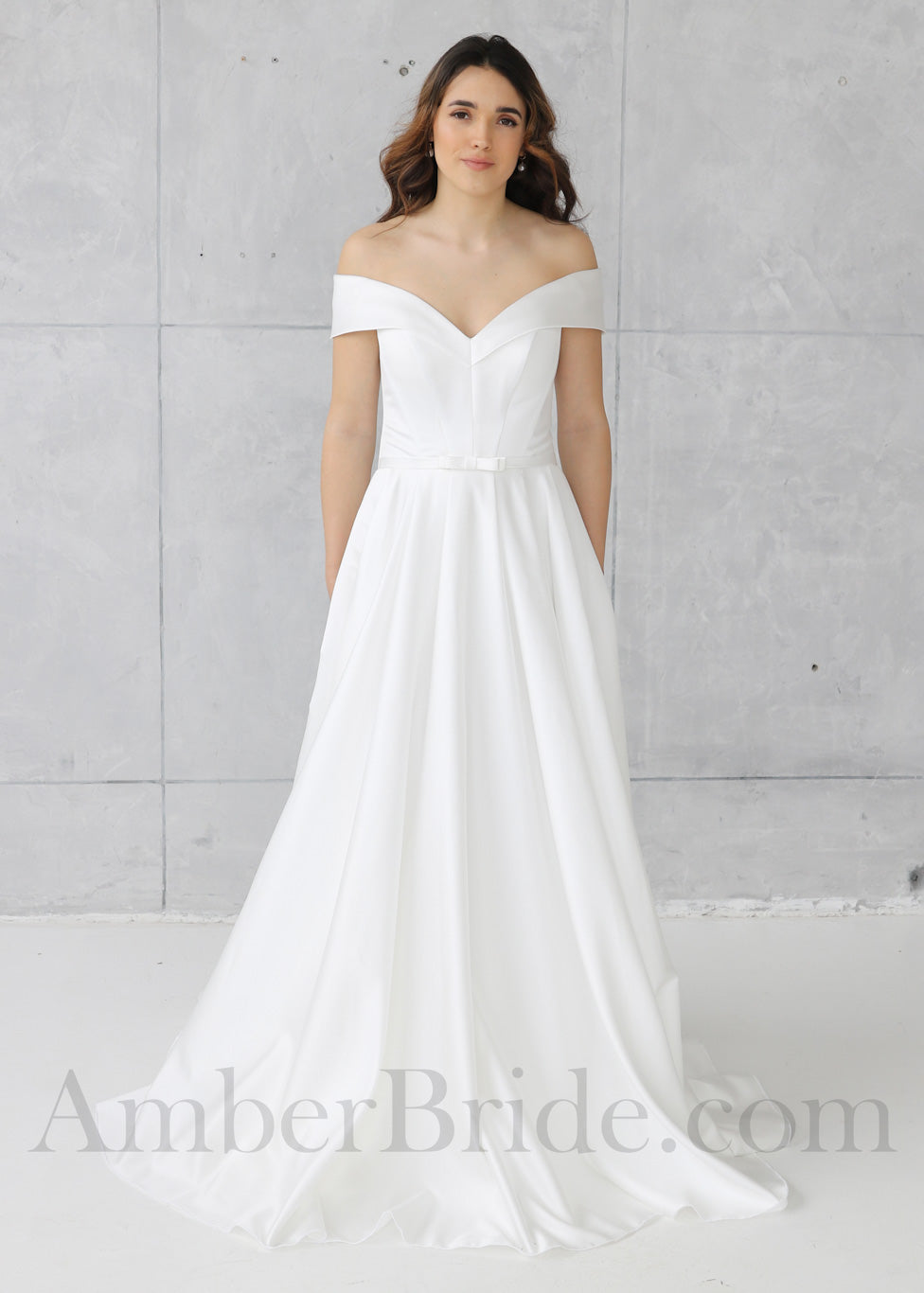 STOCK SELL-OUT: Minimalist A Line Satin Wedding Dress with Off-Shoulder Neckline