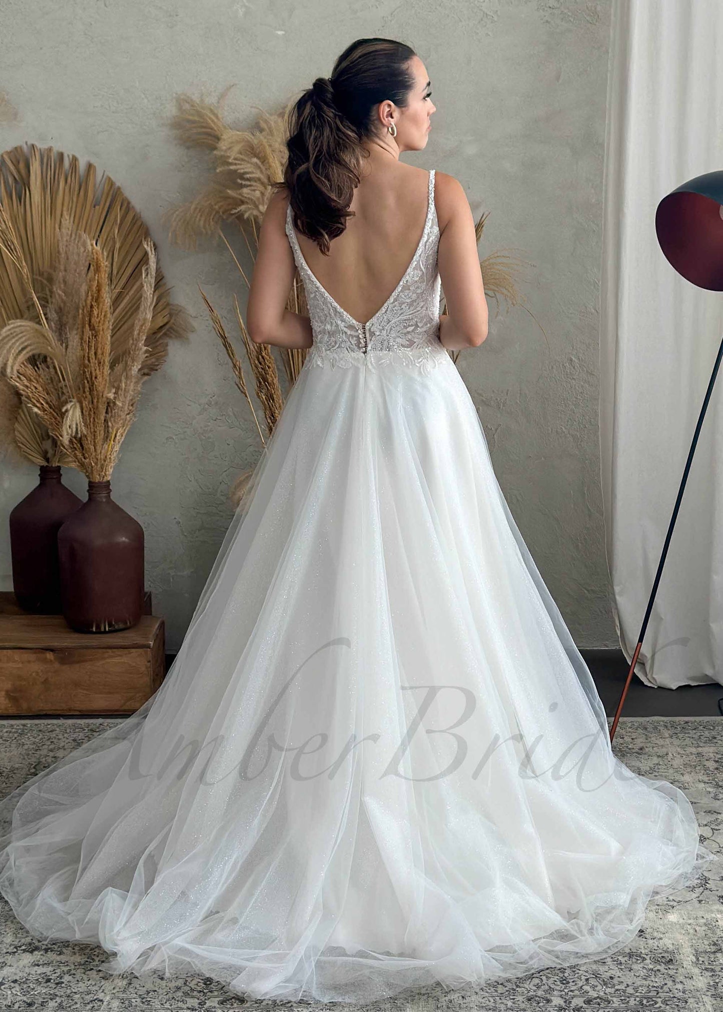 Rustic A Line Glitter Tulle Wedding Dress with Deep V Neck and Backless Design