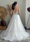 Rustic A Line Glitter Tulle Wedding Dress with Deep V Neck and Backless Design