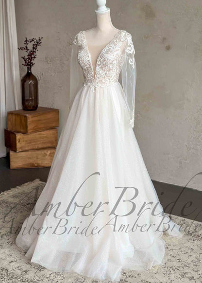 Boho A-Line Wedding Dress with Floral Appliques and Sheer Sleeves