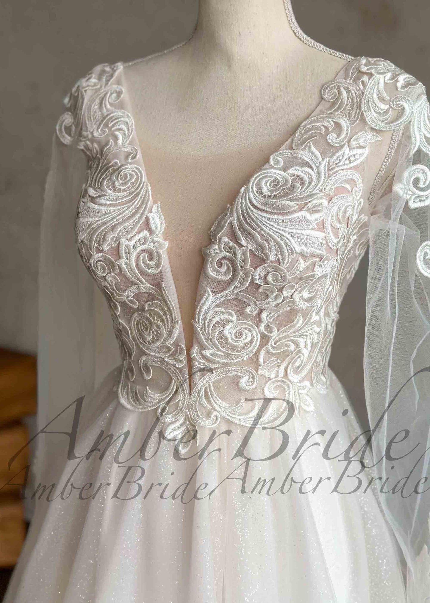 Boho A-Line Wedding Dress with Floral Appliques and Sheer Sleeves