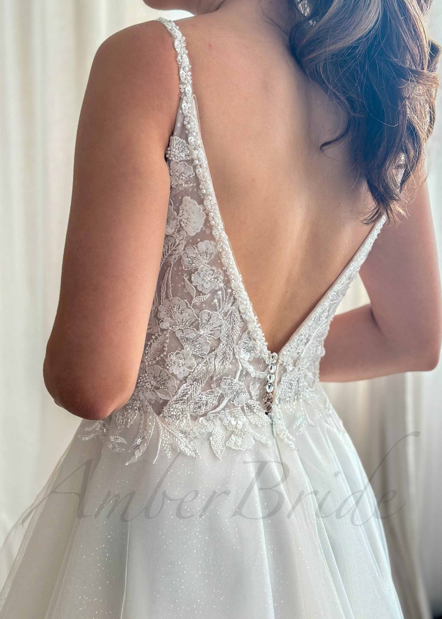 Rustic A Line Glitter Tulle Wedding Dress with Deep V Neck and Backless Design