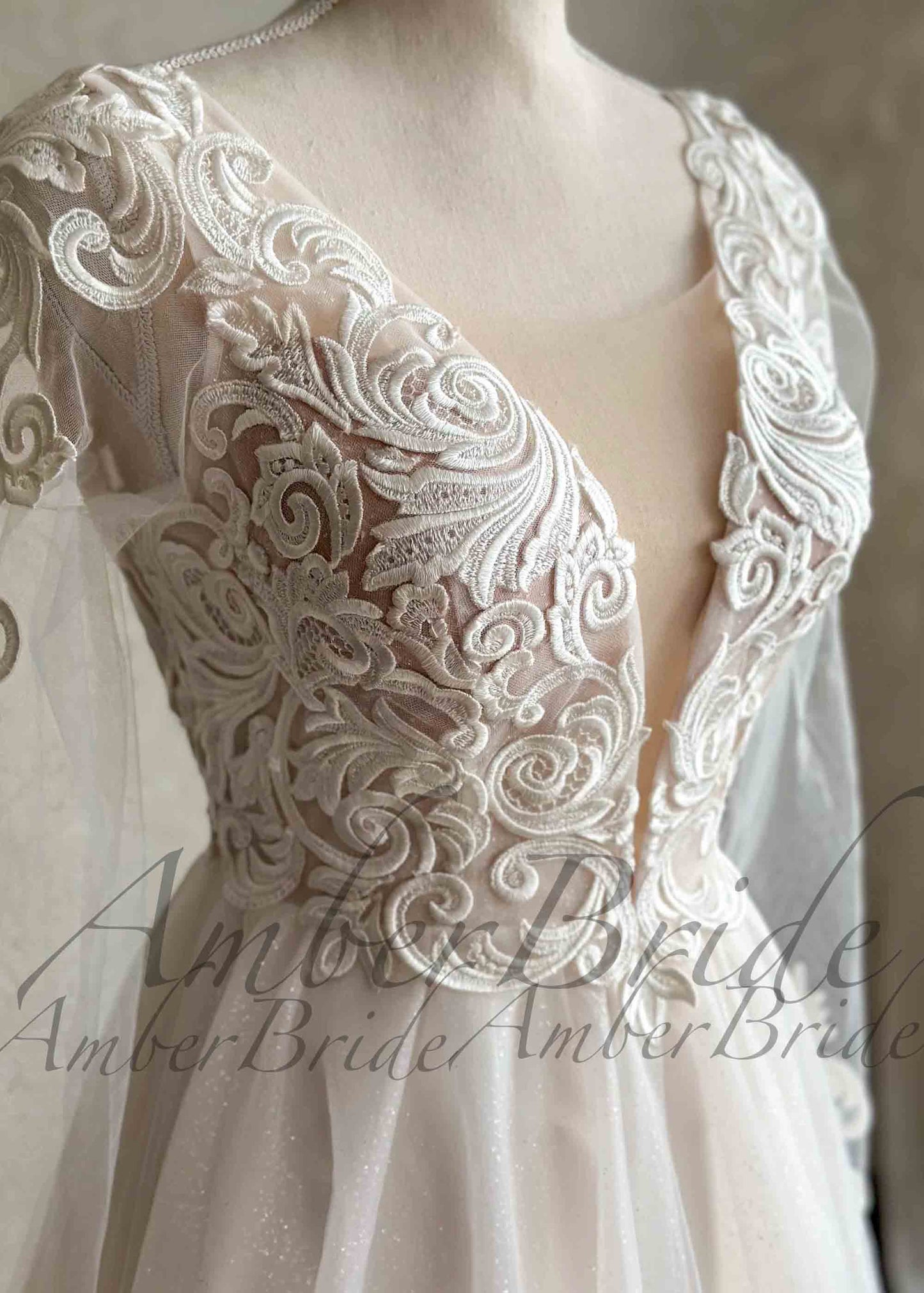 Boho A-Line Wedding Dress with Floral Appliques and Sheer Sleeves