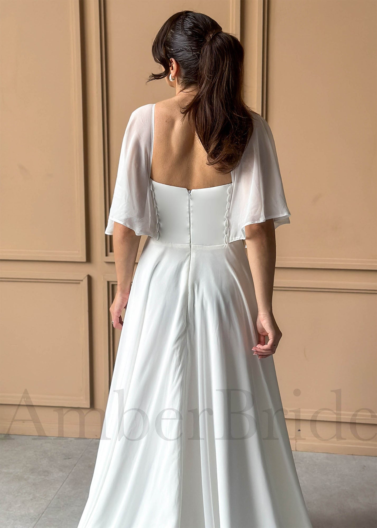 Simple A-Line Chiffon Wedding Dress with Flutter Sleeves