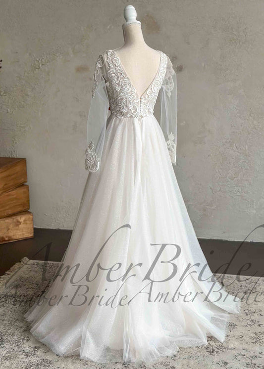 Boho A-Line Wedding Dress with Floral Appliques and Sheer Sleeves