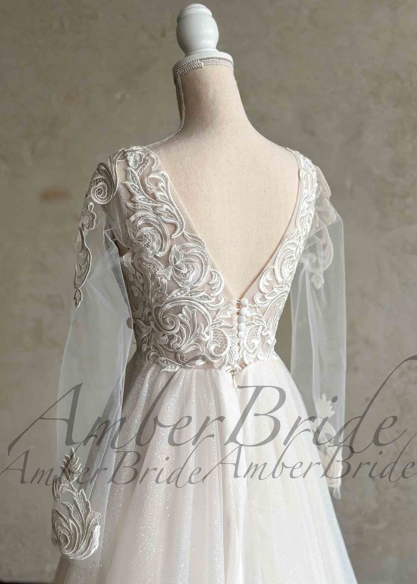 Boho A-Line Wedding Dress with Floral Appliques and Sheer Sleeves