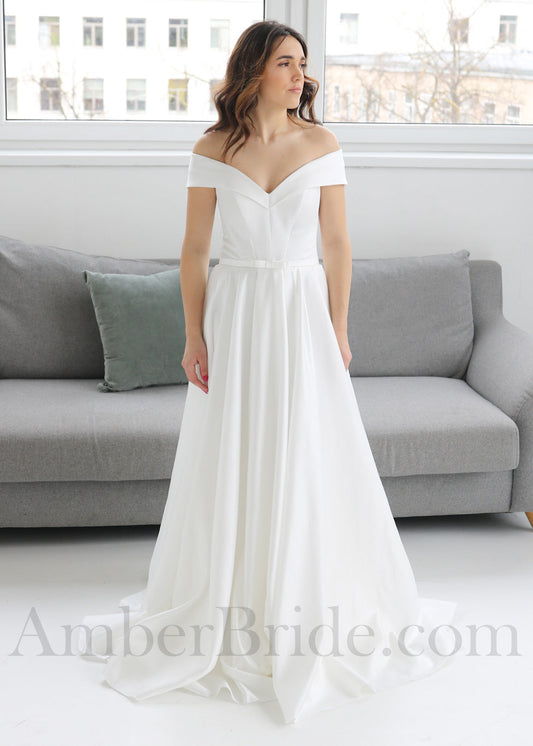 STOCK SELL-OUT: Minimalist A Line Satin Wedding Dress with Off-Shoulder Neckline