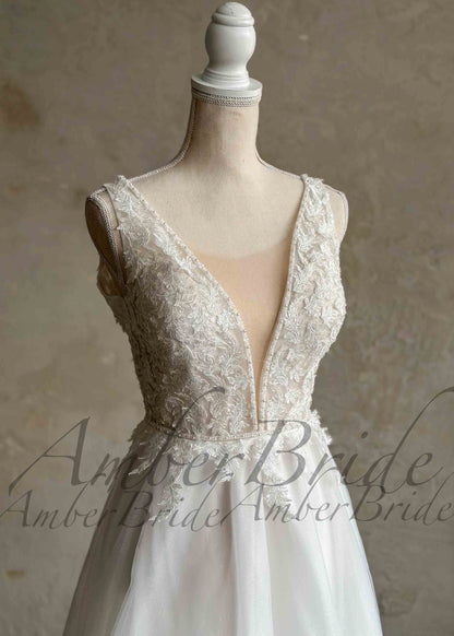 Boho A-Line Wedding Dress with Floral Appliques and Open V-Back