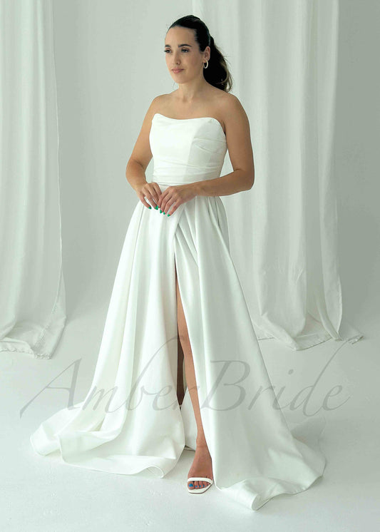 Classic A Line Satin Strapless Wedding Dress with High Slit